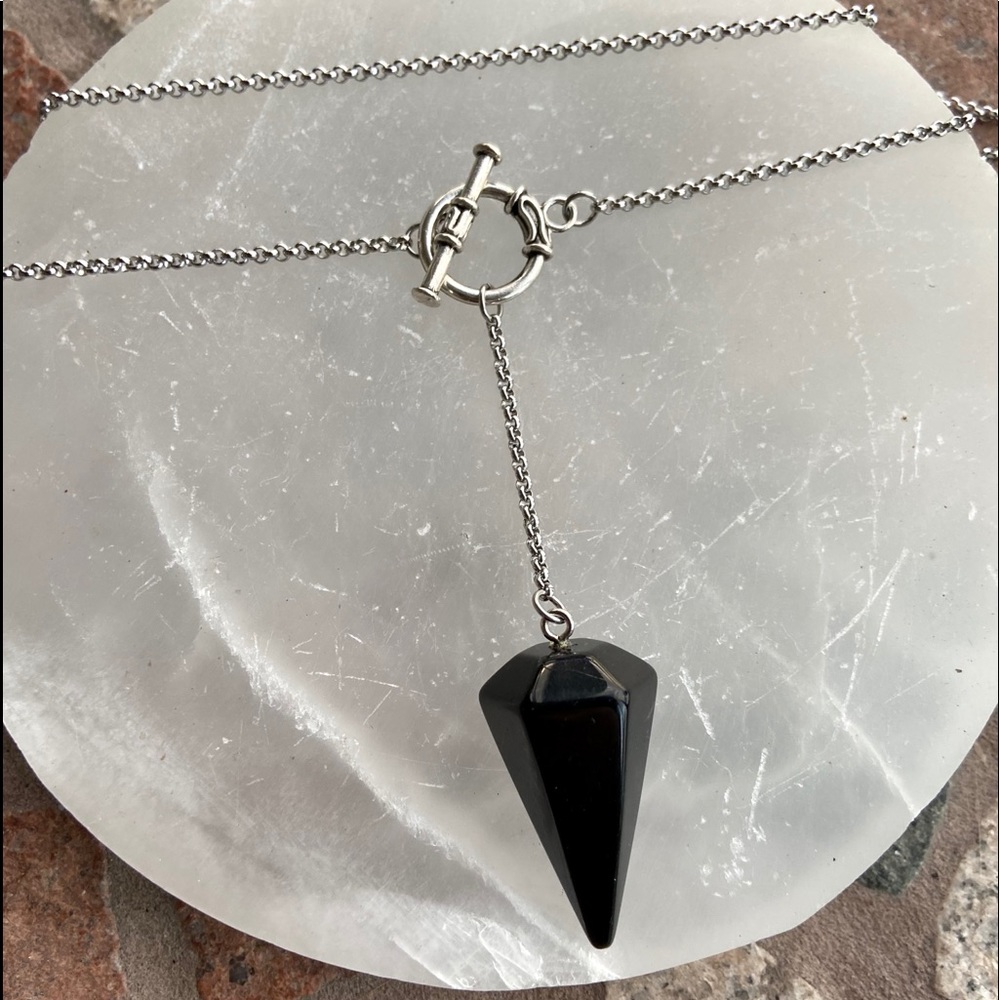 Onyx pendulum necklace . Stainless steel lariat Y shape onyx charm boho choker - Picture 4 of 13